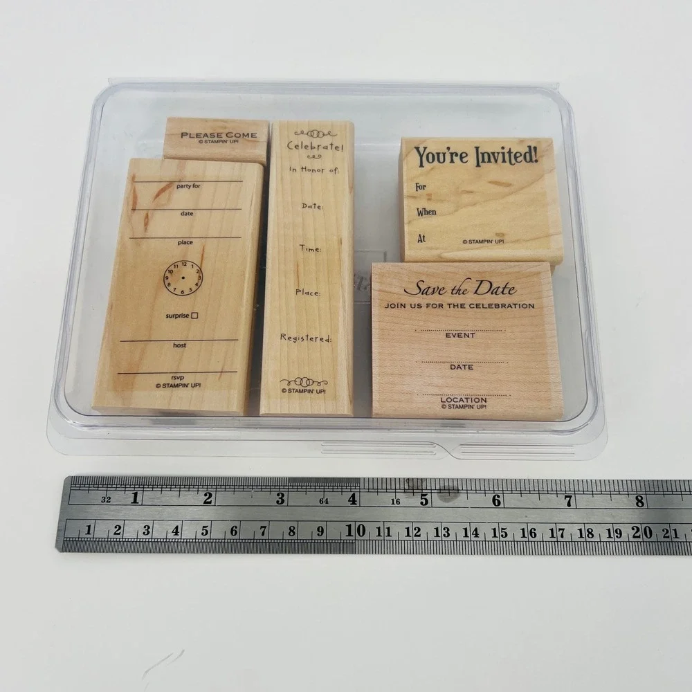 Stampin Up Invitation Rubber Stamp Set 5pc Tan Wood Mounted DIY Party Stationery